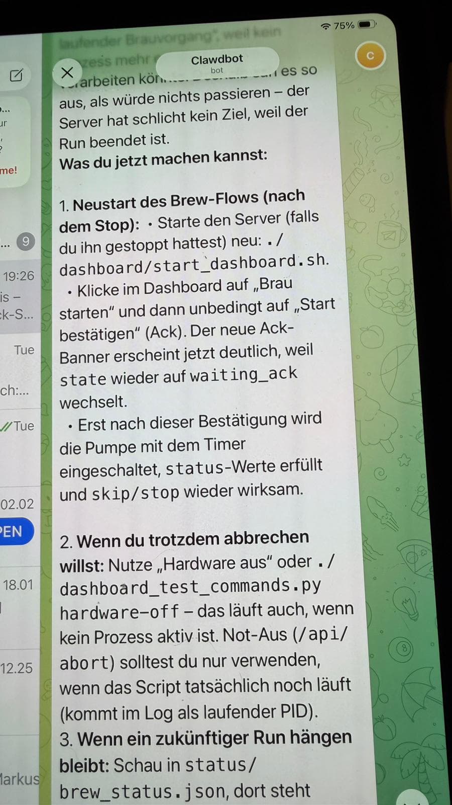 Clawdbot Telegram bot showing brew dashboard commands and status management