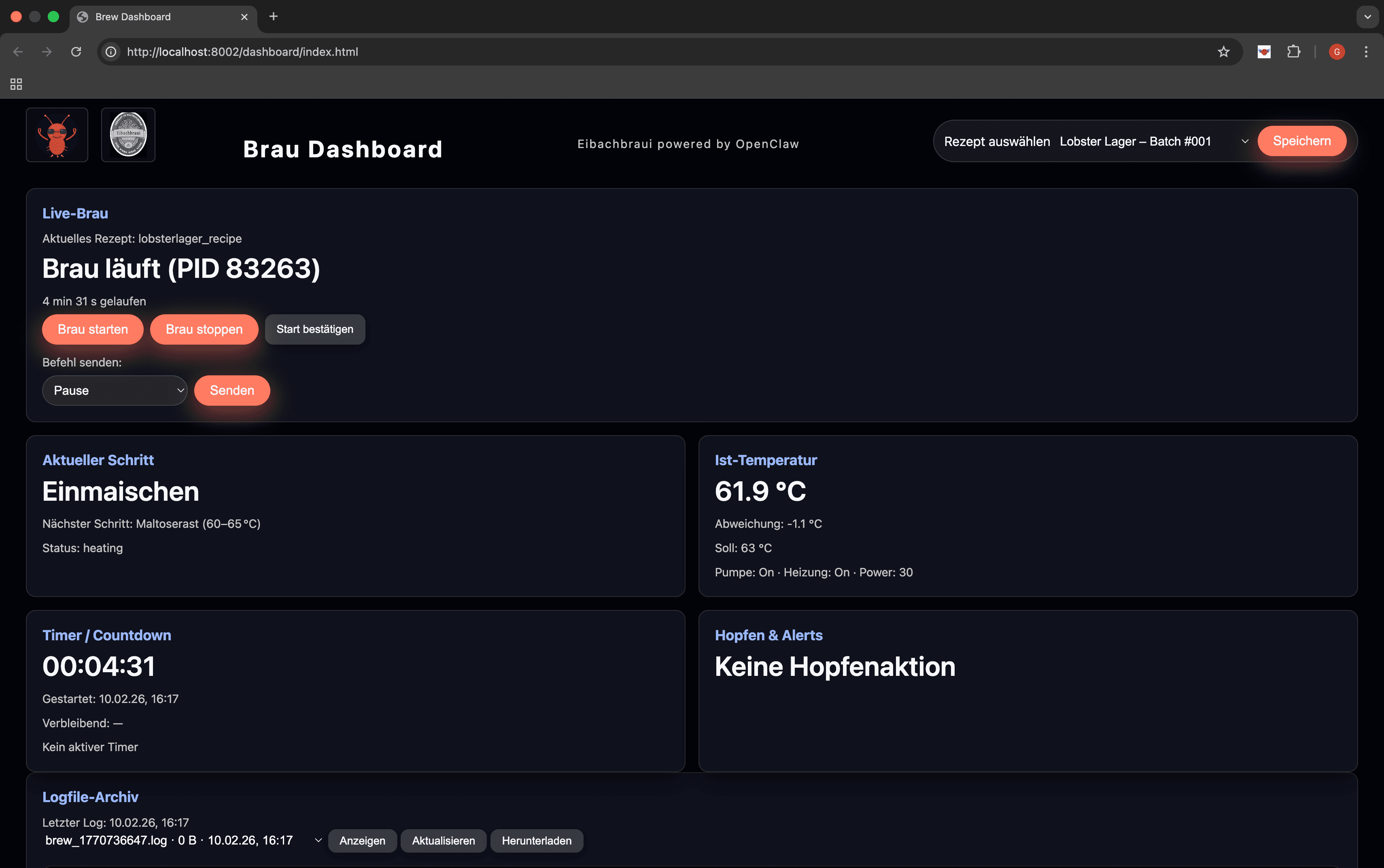 Brew Dashboard showing the active mash in step at 61.9°C