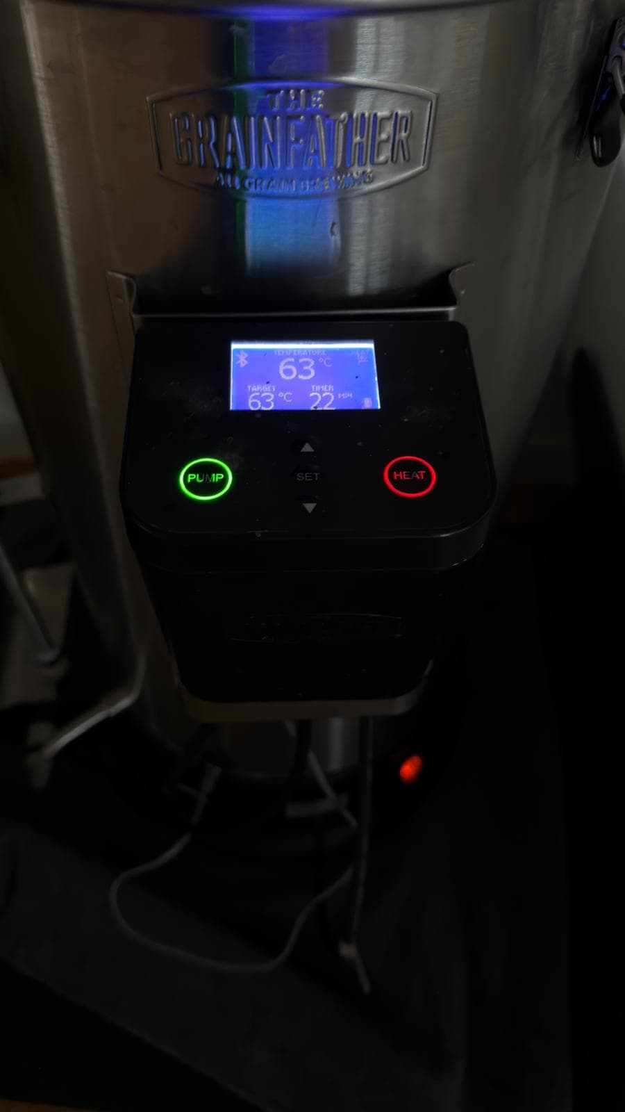 Grainfather G30 display showing 63°C during mash