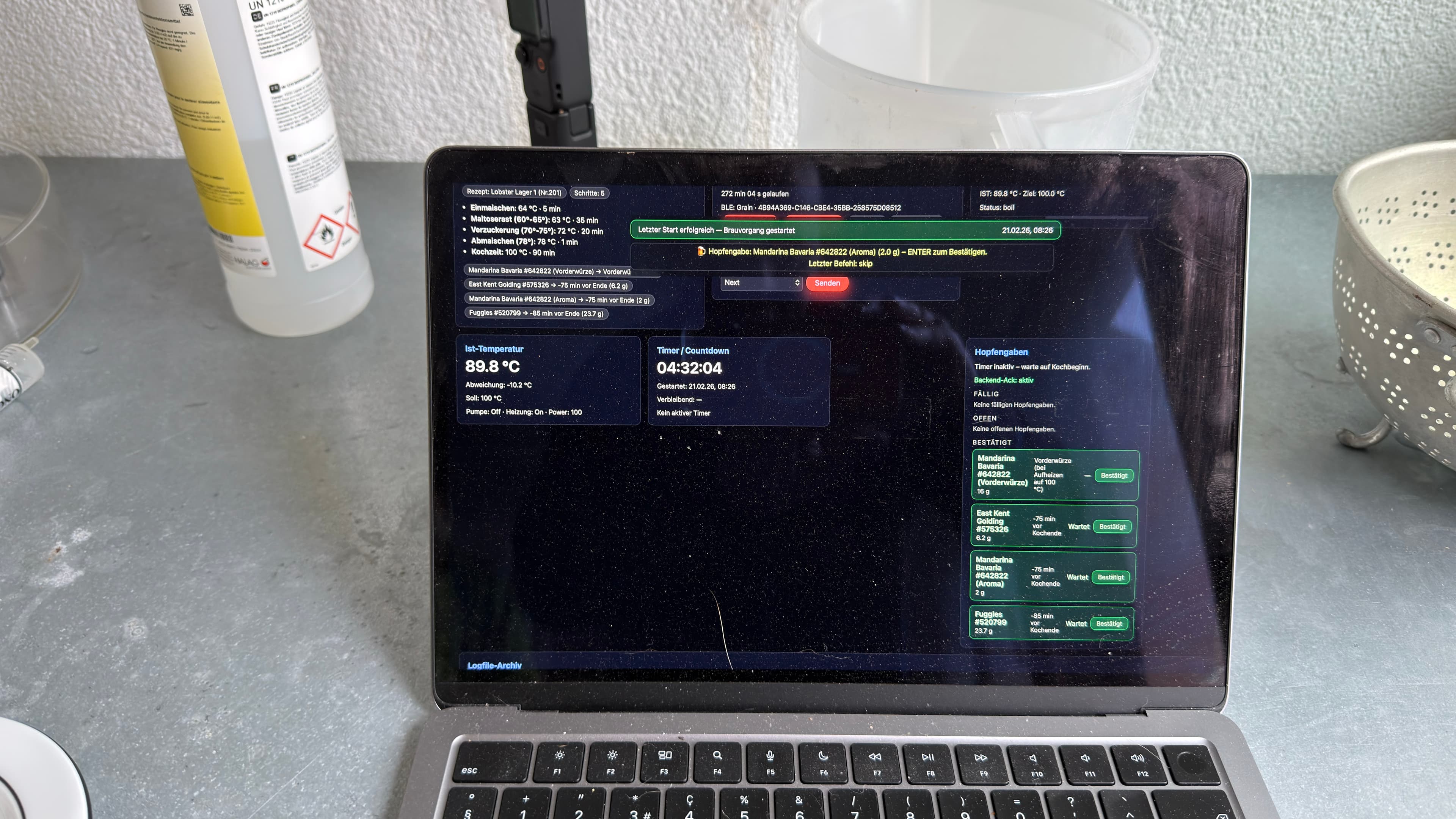 brewOS dashboard running Lobster Lager 1 V0 with live temperature and hop schedule