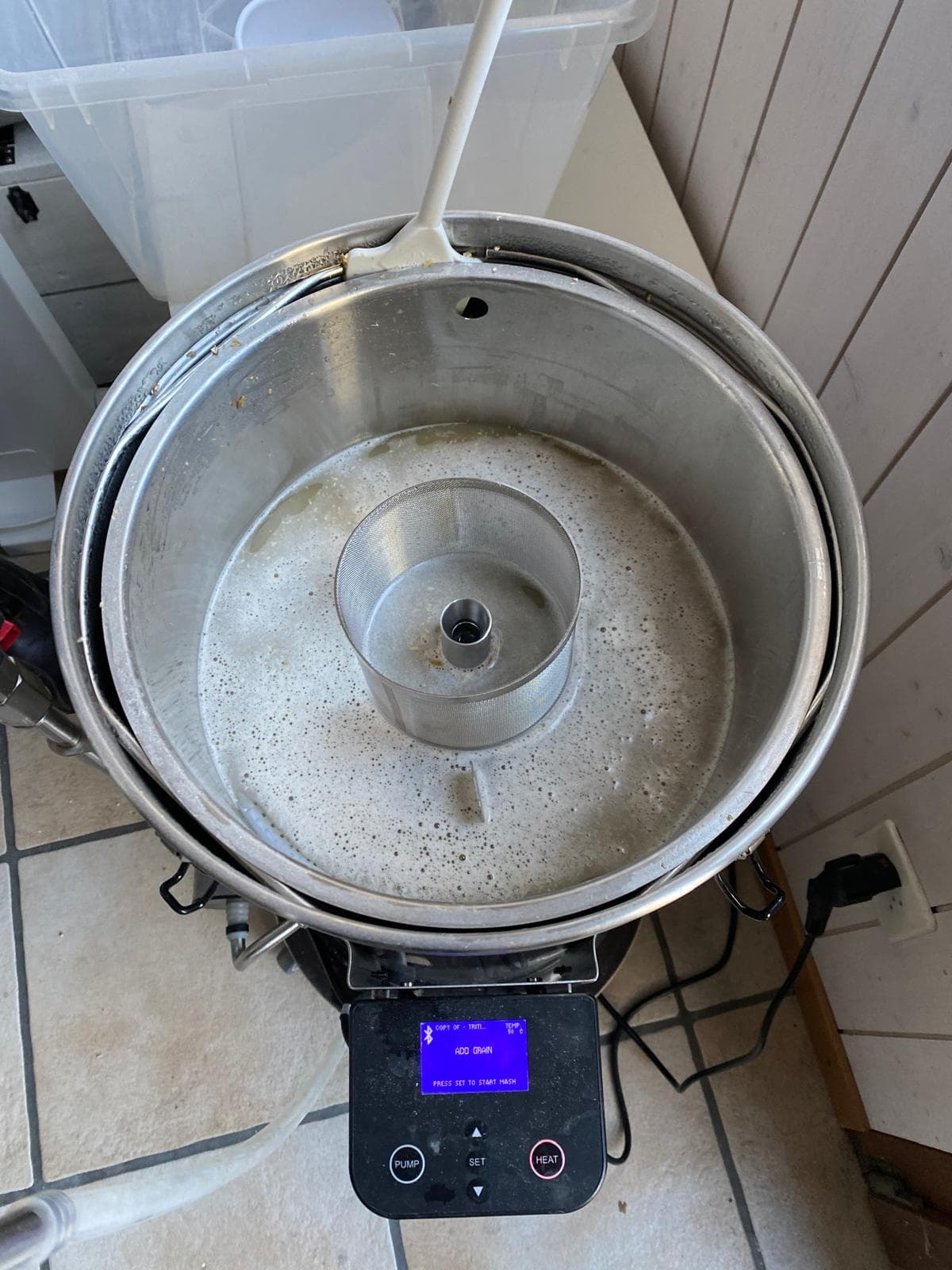 Top-down view of the Grainfather G30 mash tun with BLE display