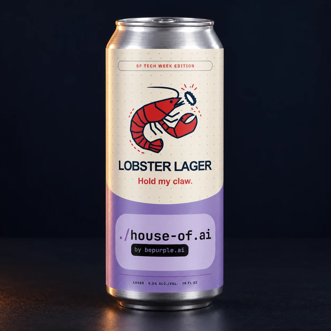 Illustrative Lobster Lager House of AI Edition mockup on a 16 ounce can
