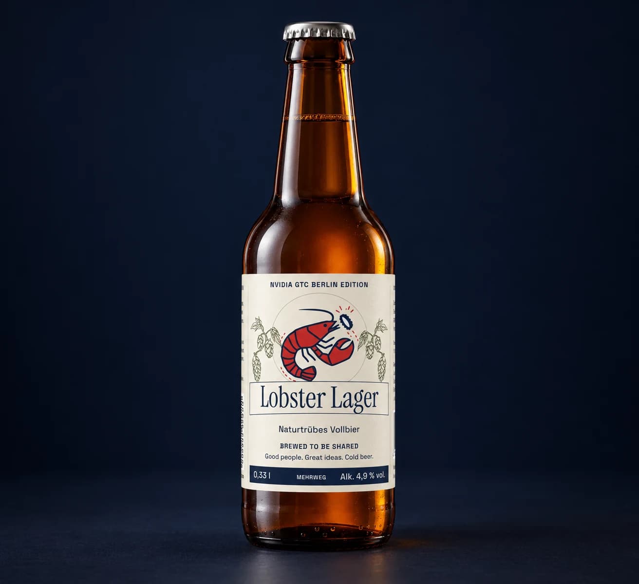 Illustrative Lobster Lager NVIDIA GTC Berlin Edition mockup on a 0.33 litre bottle