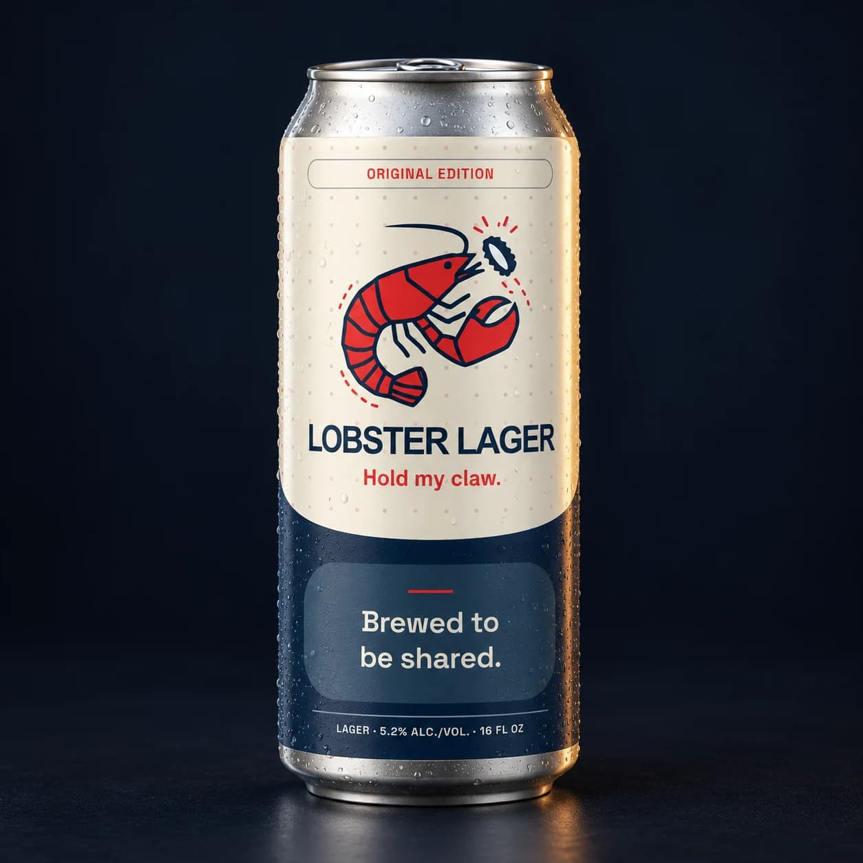 Illustrative partner free Lobster Lager Original Edition mockup on a 16 ounce can