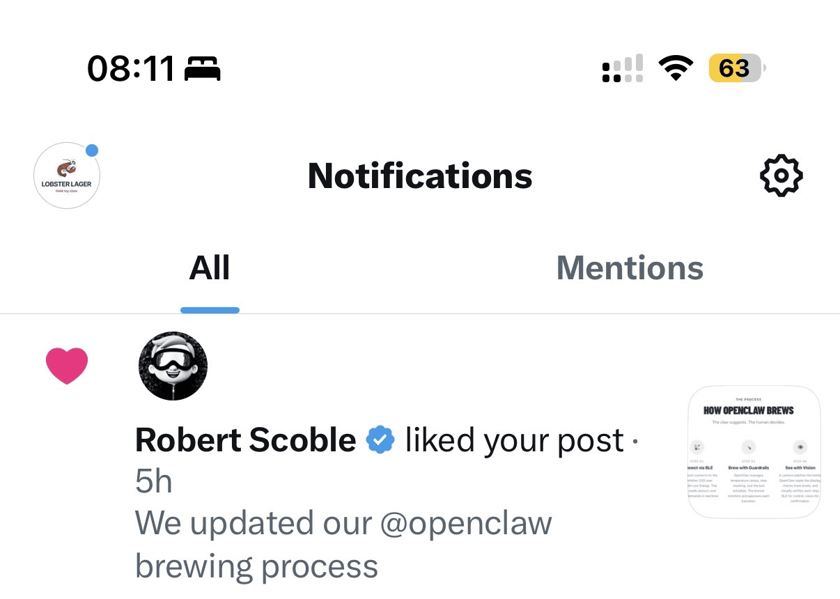 Robert Scoble liked the Lobster Lager post about the OpenClaw brewing process