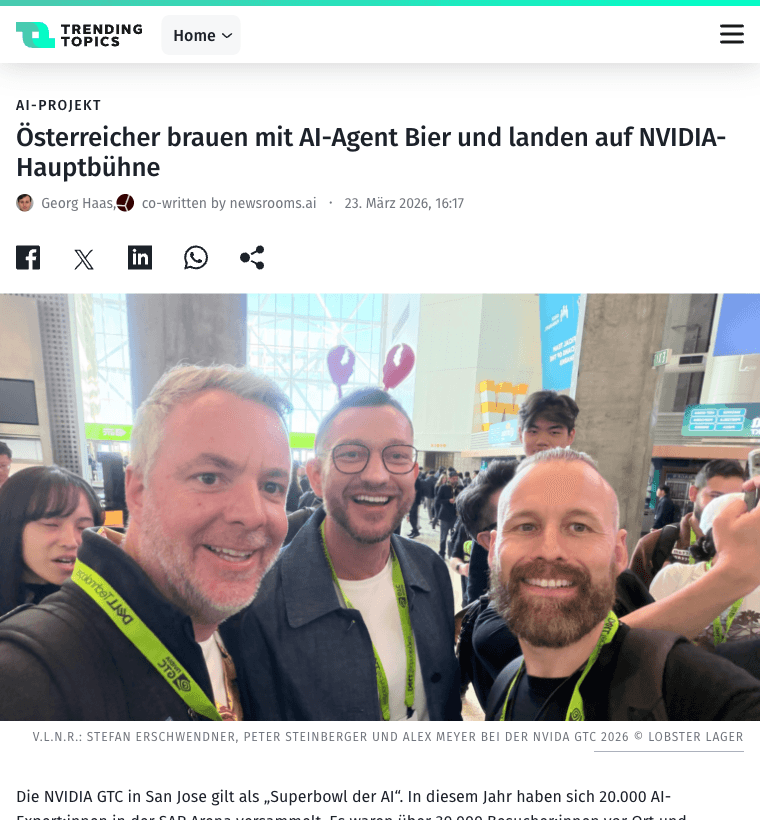 Trending Topics article about Austrians brewing beer with an AI agent and landing on NVIDIA's main stage