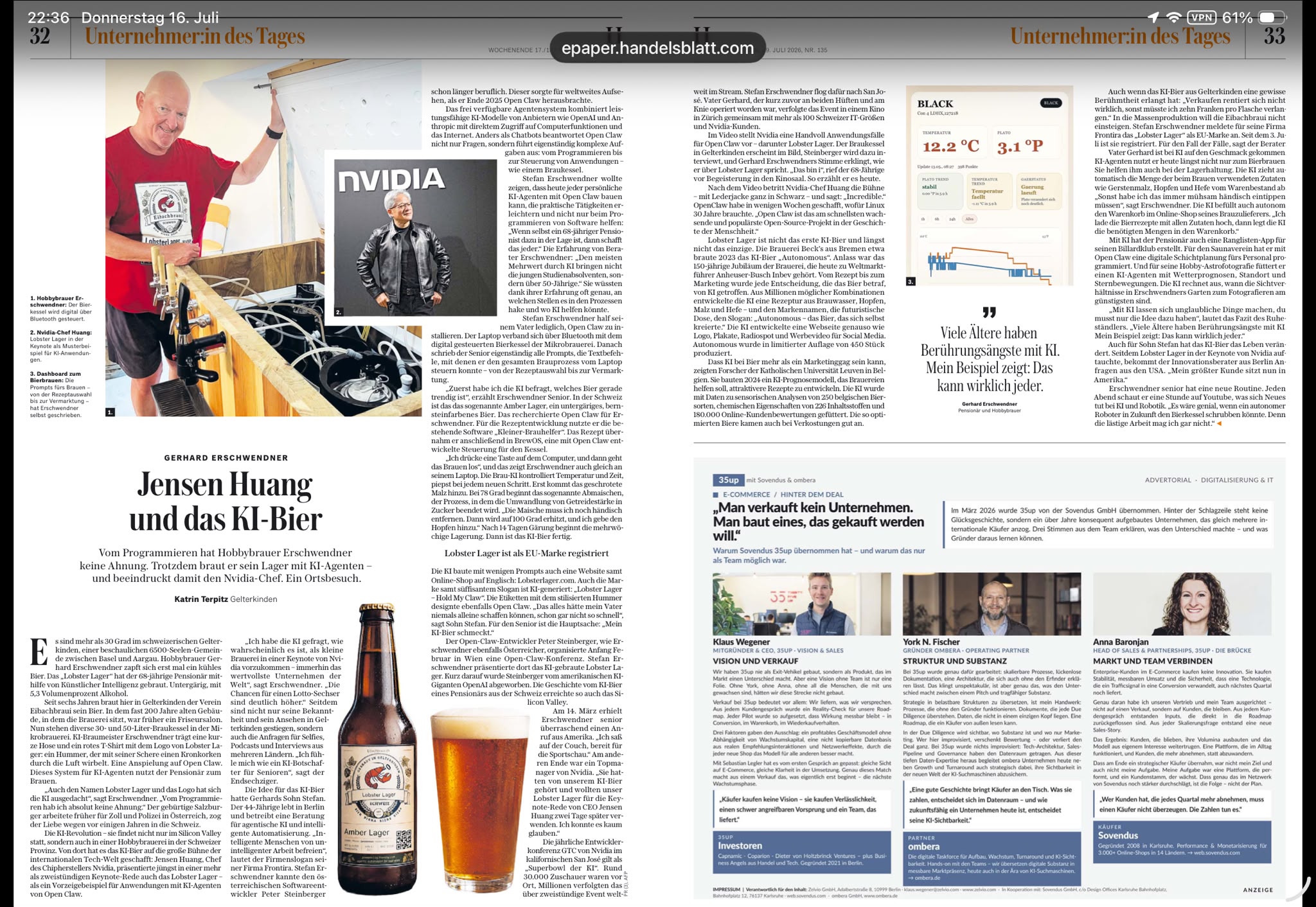 Handelsblatt's two-page profile of Gerhard Erschwendner and Lobster Lager